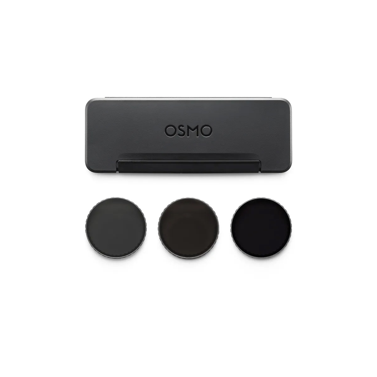 The black rectangular housing of the DJI Osmo Action 6 ND filter kit is displayed above three round camera filters in different colours, all on a white background.