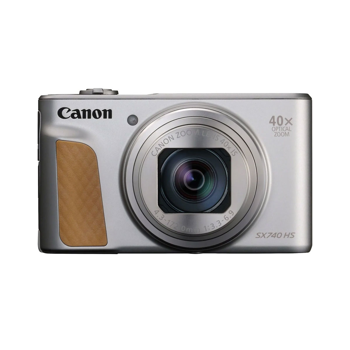 Front view of the silver Canon PowerShot SX740 HS compact camera with large lens, brown textured grip and 40x optical zoom.